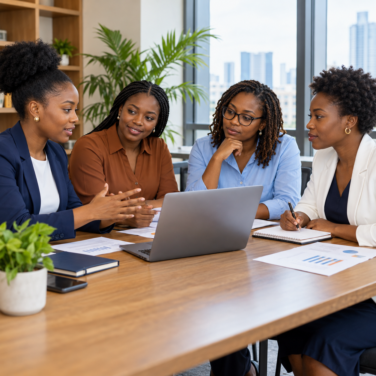 African business team reviewing invoices and a laptop around a wooden meeting table